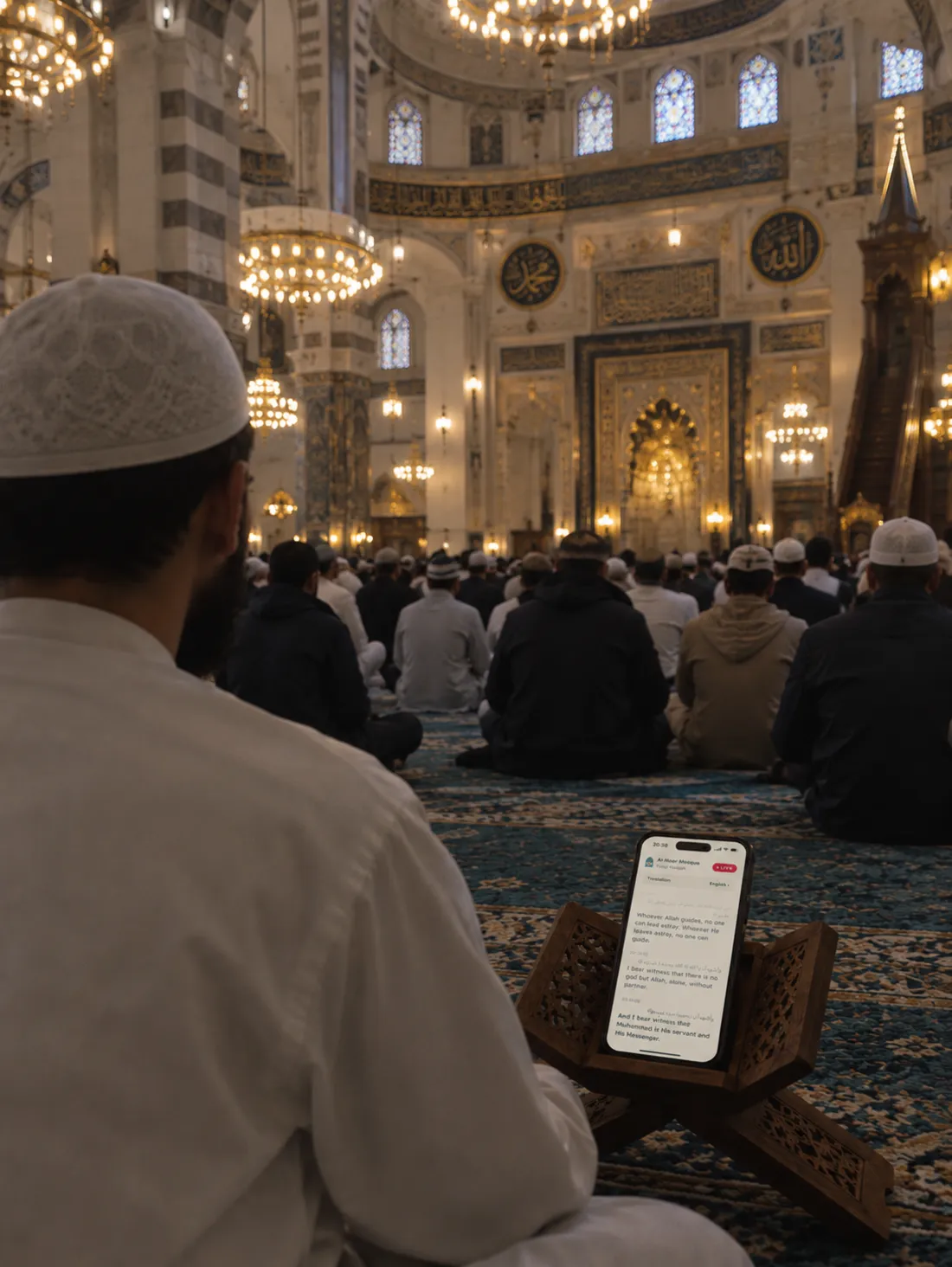 During a full Friday prayer, a man follows the live translation on a phone resting on a wooden Quran stand